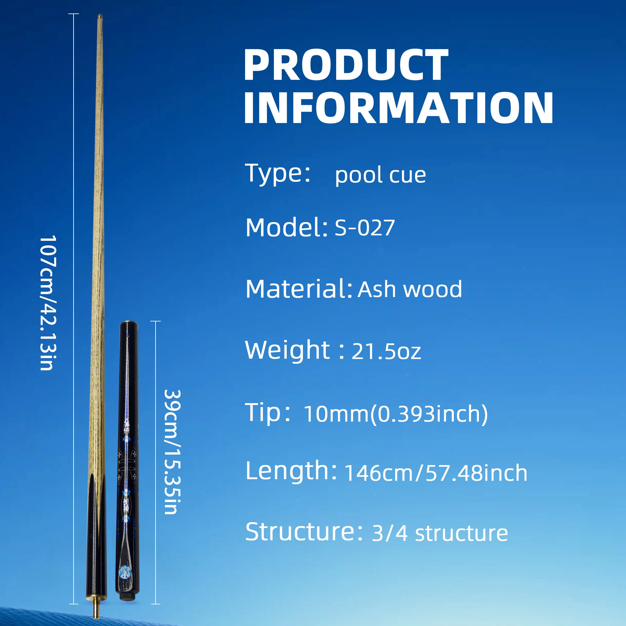 3/4 Pool Cue Premium Ash Wood 10mm Tip Professional Snooker/9-Ball Cue High Elasticity & Precision