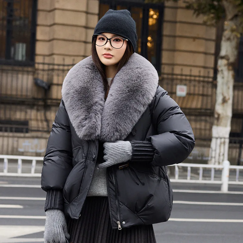Hooded Women Parkas Coats Short Jacket Oversize Solid Big Fur V Collar Zipper Loose Fit Thick Office Lady Casual 2025 Winter