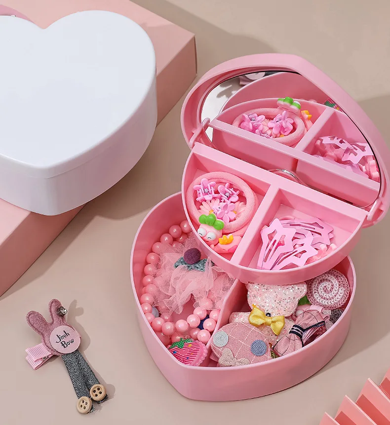 

Pink Girl Heart-shaped Jewelry Storage Box Mirror Pink Plastic Bracelet Souvenir Drawer Jewelry Display and Collection