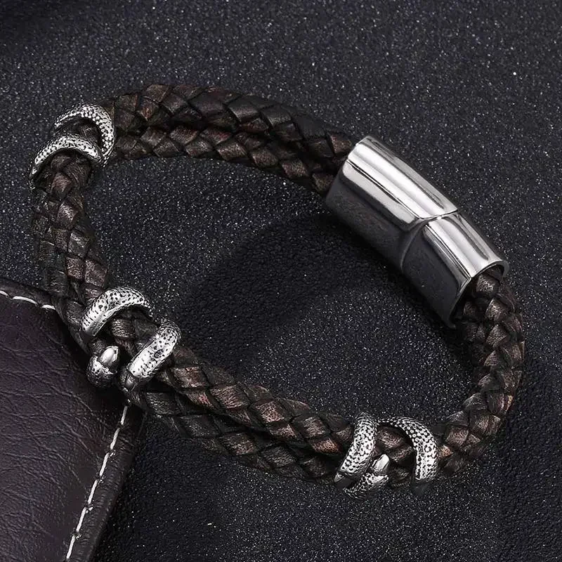 

Vintage Jewelry for Men Women Braided Leather Bracelet Stainless Steel Dragon Claw Magnetic Clasp Bangles Punk Wristband SP0249H