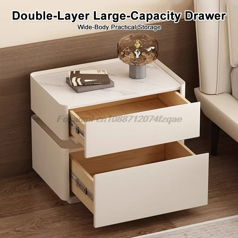 No Assembly Full Solid Wood Nightstand Large Bedside Table Italian Minimalist Creamy Luxury Designer Bedroom Storage Cabinet