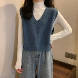 Solid Color Knitted Sweater Vest Women 2023 Autumn Sleeveless V Neck Jumpers Woman Korean Style Knit Pullovers Outside Wear