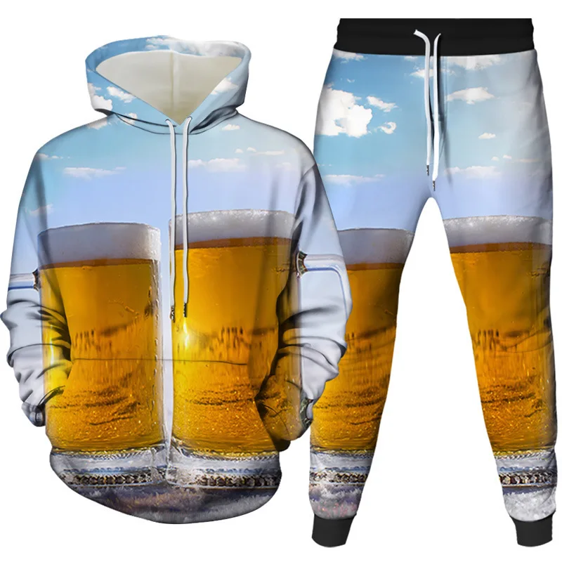 Funny Beer 3D Print Hoodie Pant Sets Men's Streetwear Sweatshirts Hoodies Sweatpants Two Piece Suits Tracksuit Men Clothing