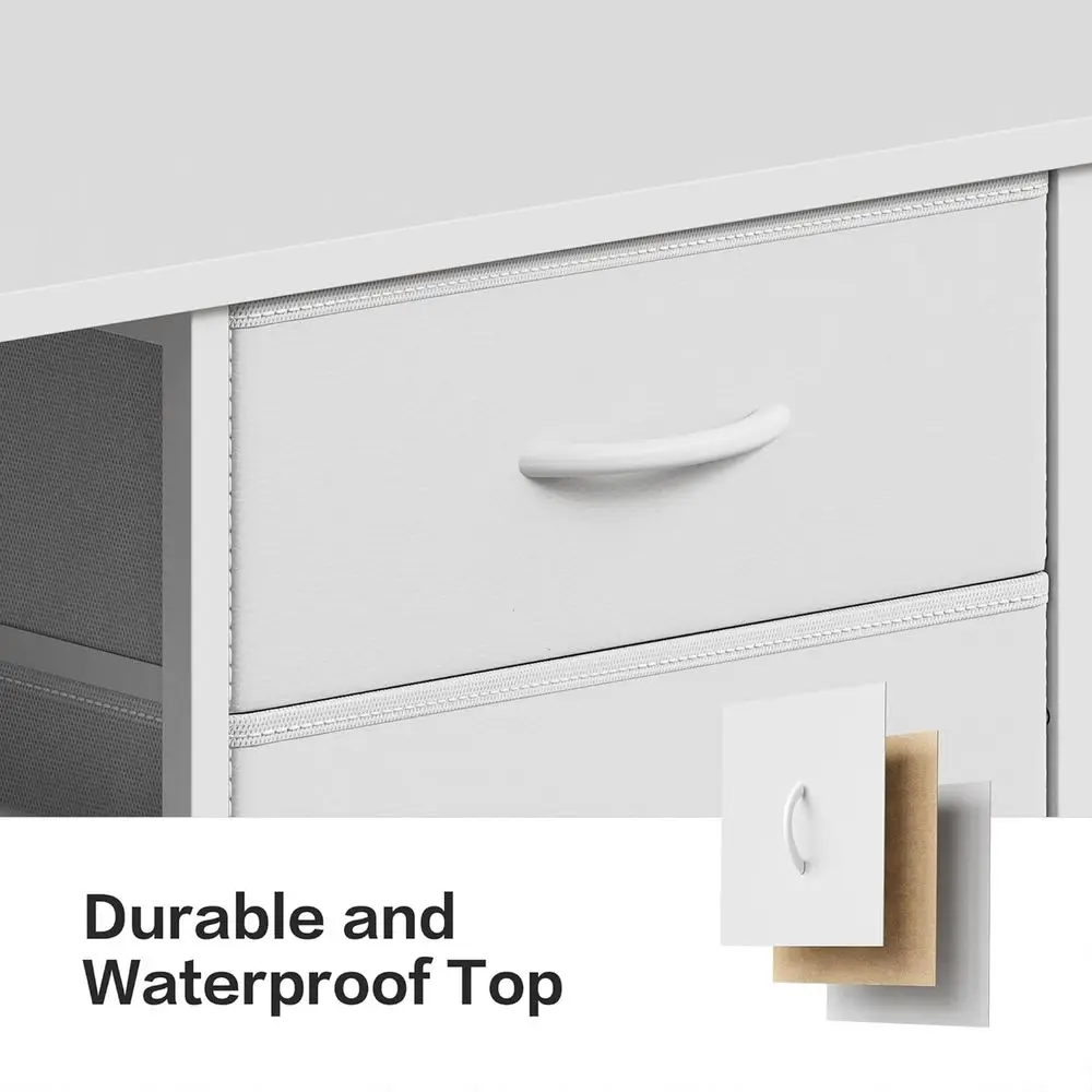 خزانة ملفات جانبية من القماش ذات 3 أدراج باللون الأبيض مع حامل طابعة دوارة و4 أرفف تخزين للمكتب المنزلي