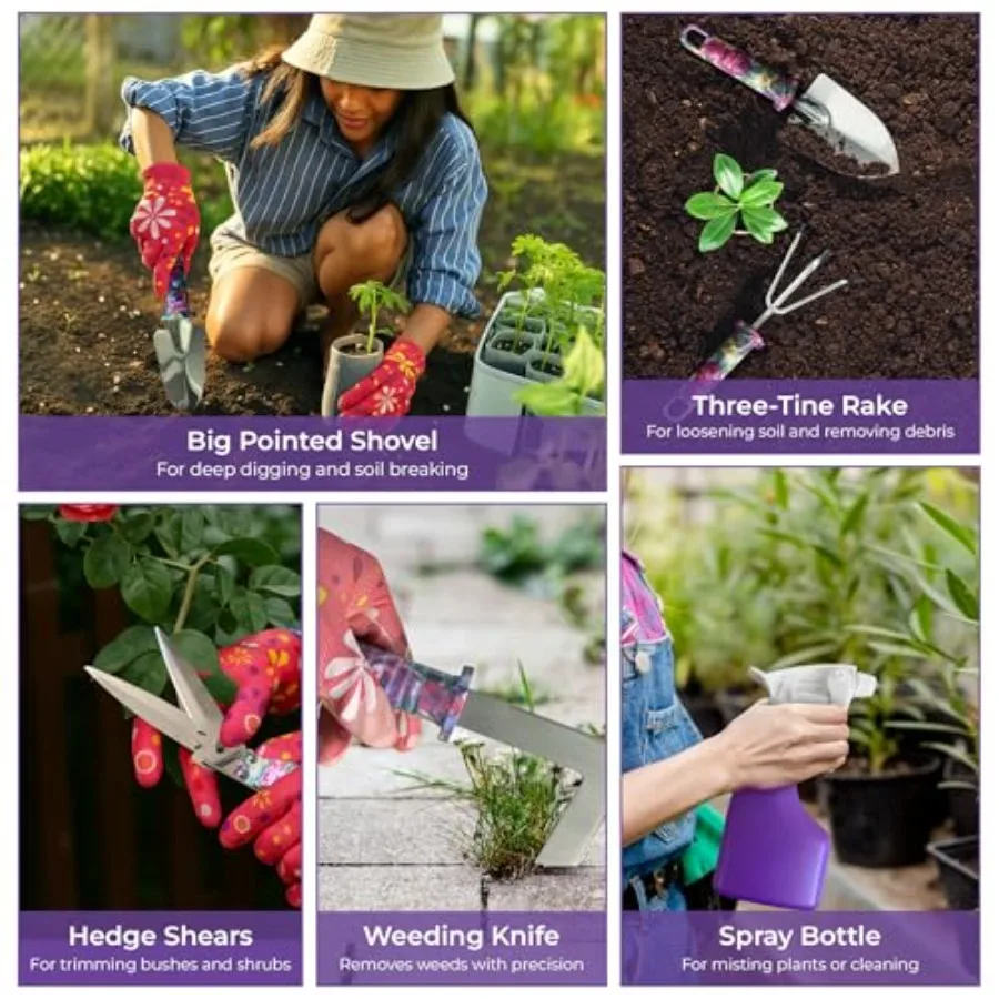مجموعة أدوات الحديقة مكونة من 12 قطعة مع 10 أدوات من الفولاذ المقاوم للصدأ ومقابض زهرية وحقيبة حمل ومقلم ومجرفة قابلة للطي ومريحة #4