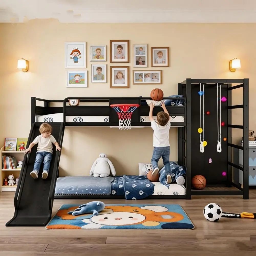 

LUMISOL Twin XL Size Metal Lot Bed with Slide & Basketball Hoop, Heavy-Duty Metal Bunk Bed e with Storage Shelves, Pull-up Rings