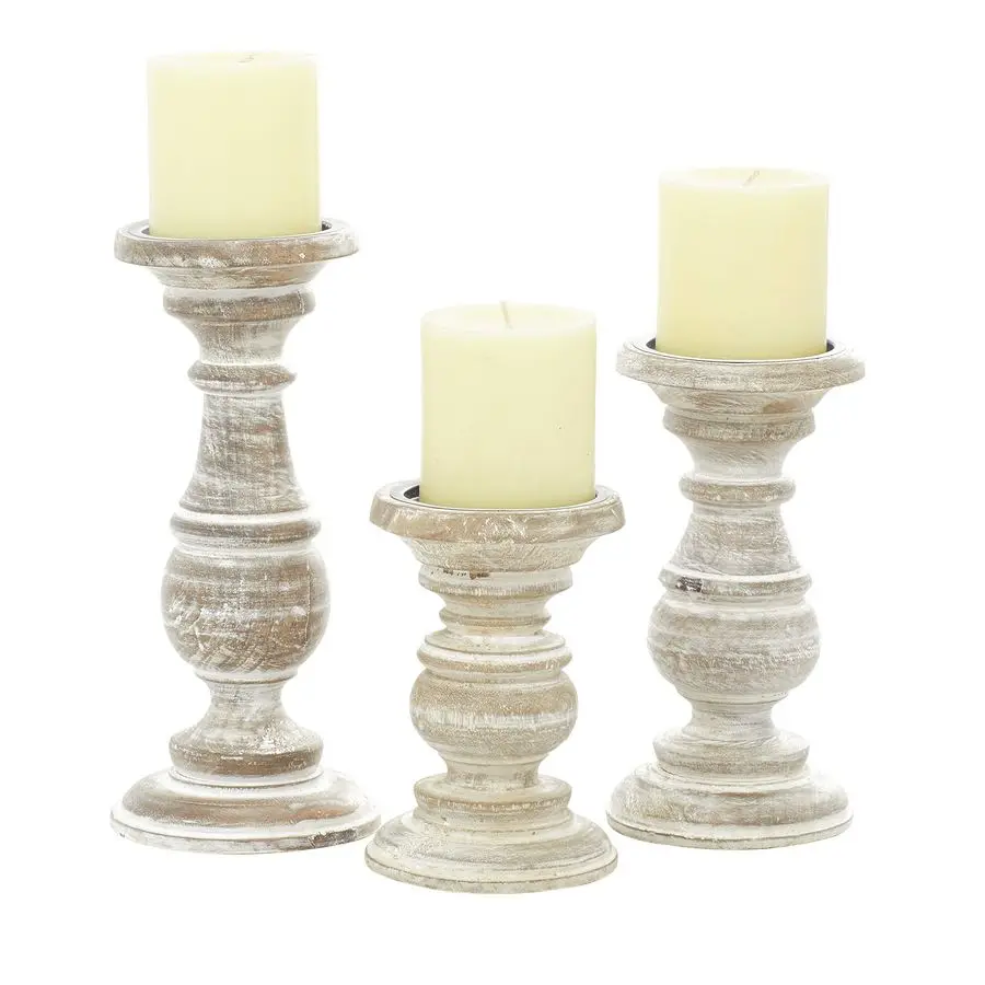 Portavelas Decorativo de Madera de Mango, Estilo Tornear, Juego de 3 Portavelas de 6, 8 y 10 Pulgadas, Color Crema
