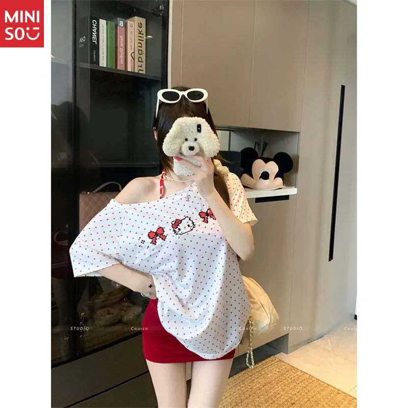

Miniso 2025 Polka Dot T-Shirt, Off Shoulder Summer Top, Sweet Hot Girl Fashion