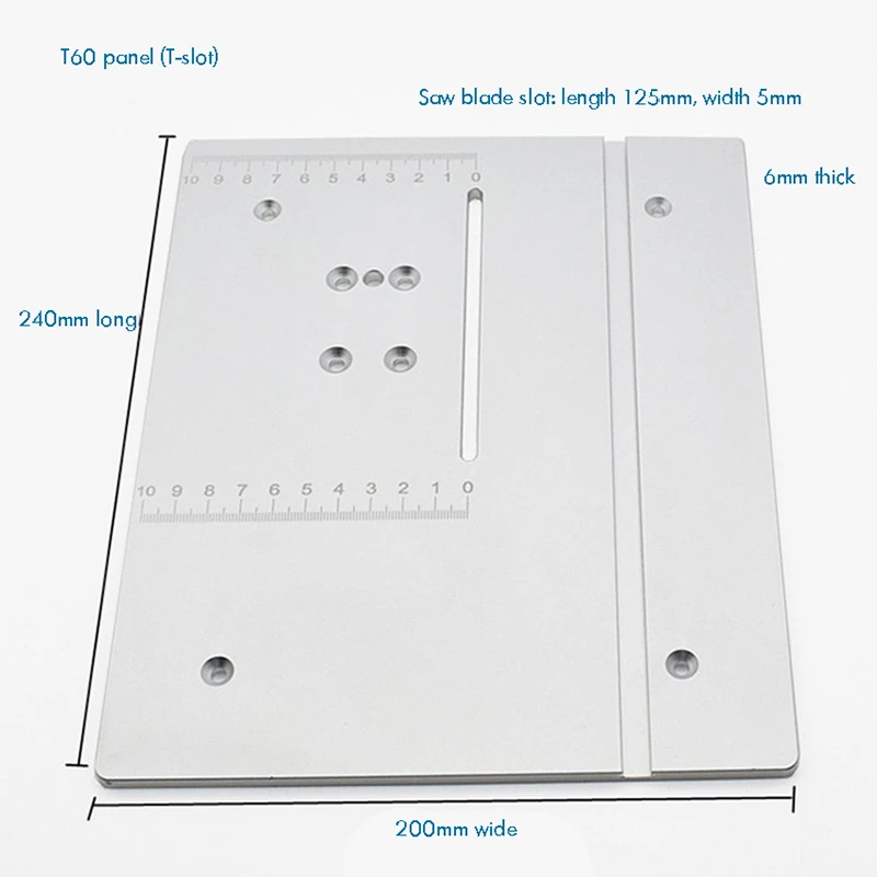 T60 Aluminum Router Table Insert Plate, 240 x 200x6mm, Made of Aluminum Alloy, Durable, for Table Saw Woodworking Workbench