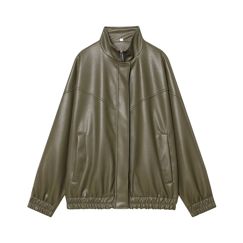 

Autumn Winter Fashion Stand Collar Long Sleeve Coats Vintage Female Outerwear Chic Tops Women's Faux Leather Jacket Coats