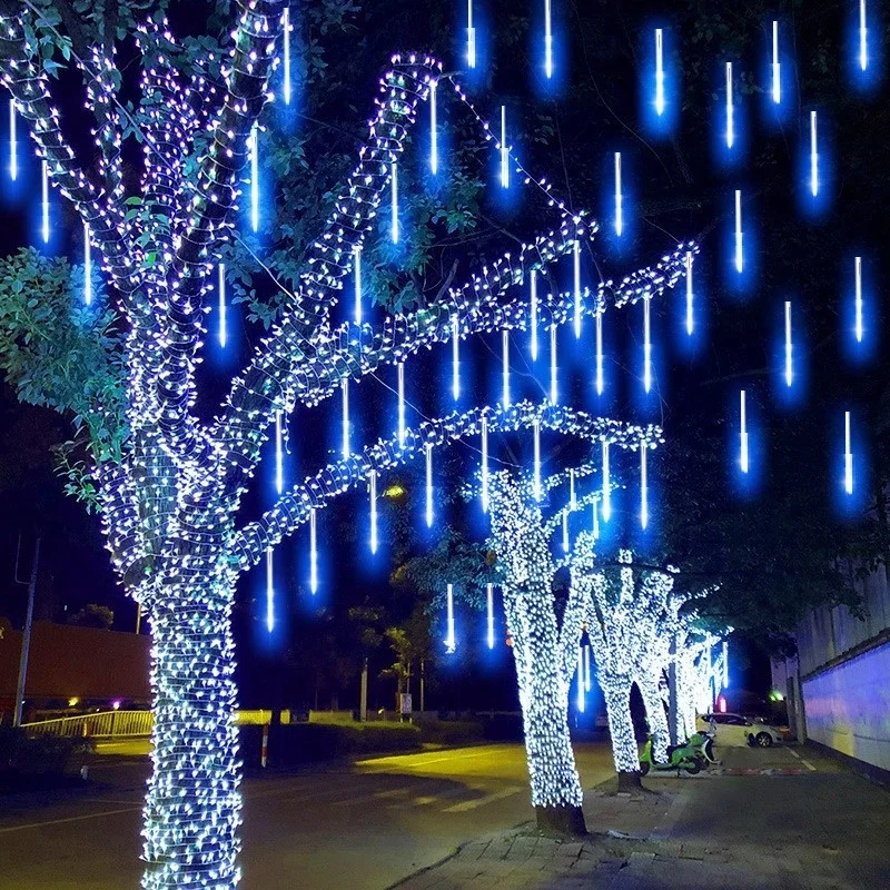 Guirnalda de luces Led para exteriores, 8 tubos de lluvia de meteoros, guirnaldas de calle, decoraciones de árbol de Navidad, luces de jardín de