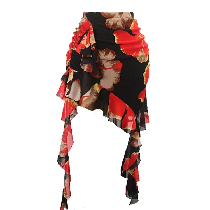 Vêtements d'entraînement pour femmes adultes, vêtements de danse Cha Rumba, jupe de danse Salsa noire à fleurs, jupe de danse latine irrégulière