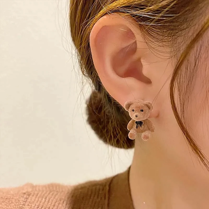 2024 Fashion Pink Flocking Bear Rabbit Stud Earrings for Women Girl Korean Cute Animal Small Bear Earrings Birthday Jewelry Gift