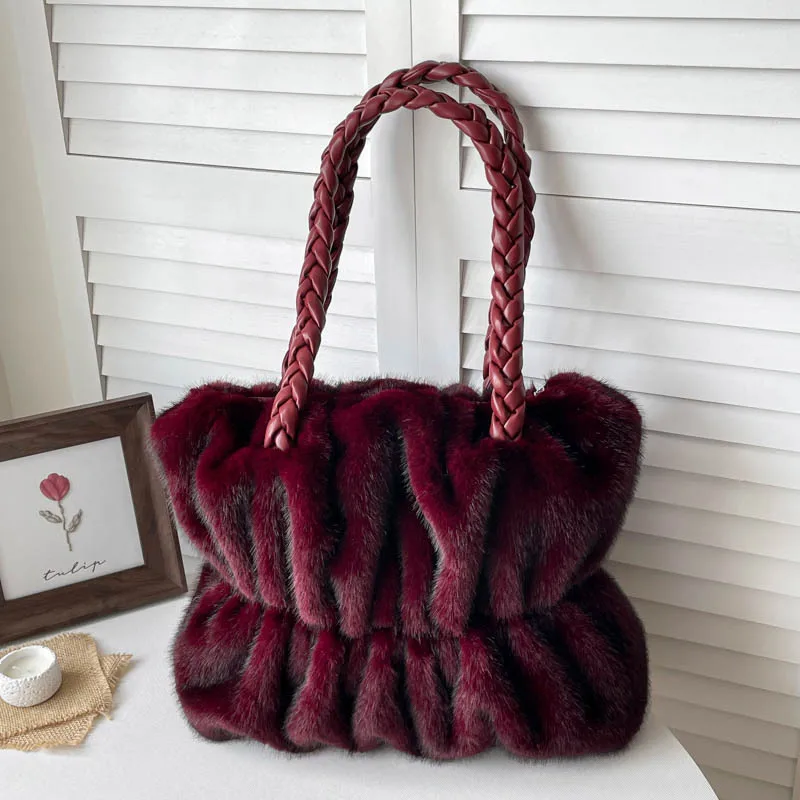Casual Women Handbag Large Capacity Winter False Fur Woman Shoulder Bag Ladies Big Totes Woven Strap Shopping Bag Bolsa Feminine