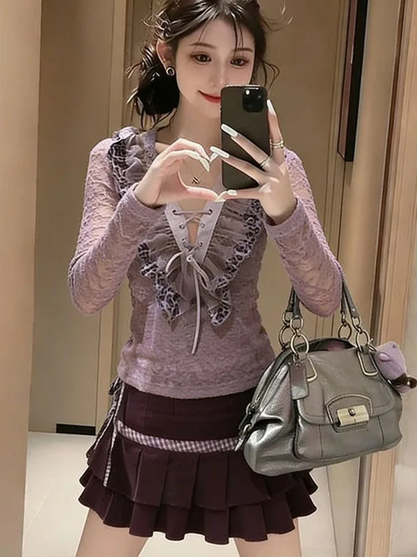 

Romantic Style Long Sleeve V-Neck Knitted Top Women's Base Shirt Design Sense Early Autumn New Fashion Korean Gentle Wind