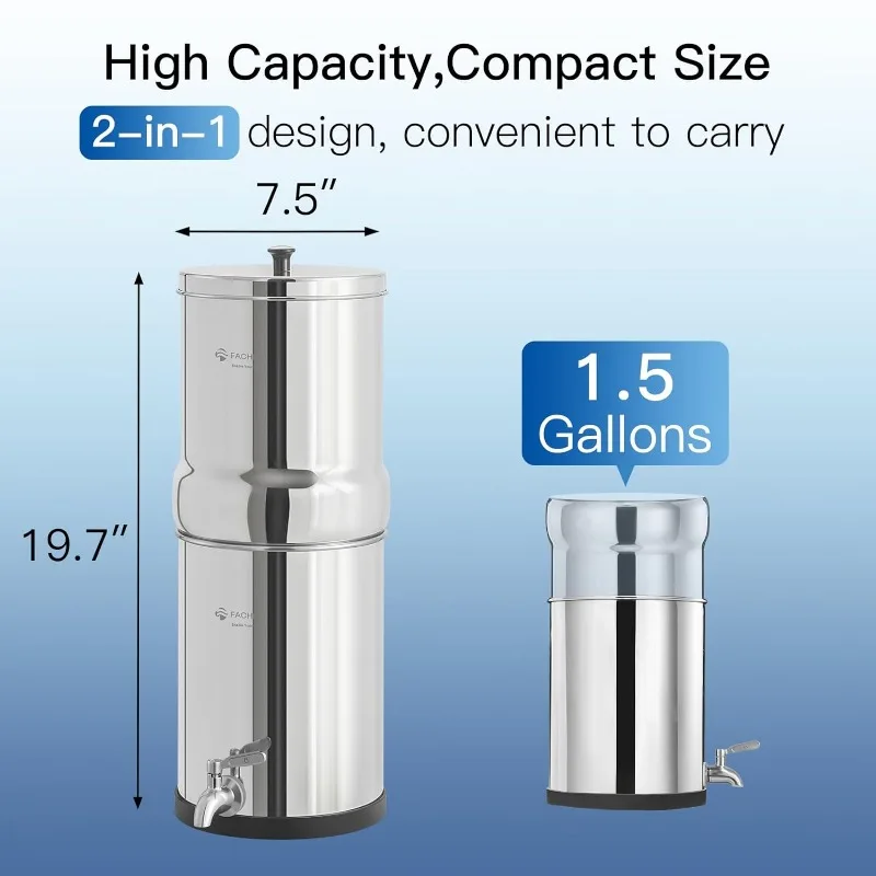 1.5G Stainless Steel Gravity-Fed Water Filter System with 2 Black Purification Filter and Metal Spigot,NSF/ANSI 42 Certification