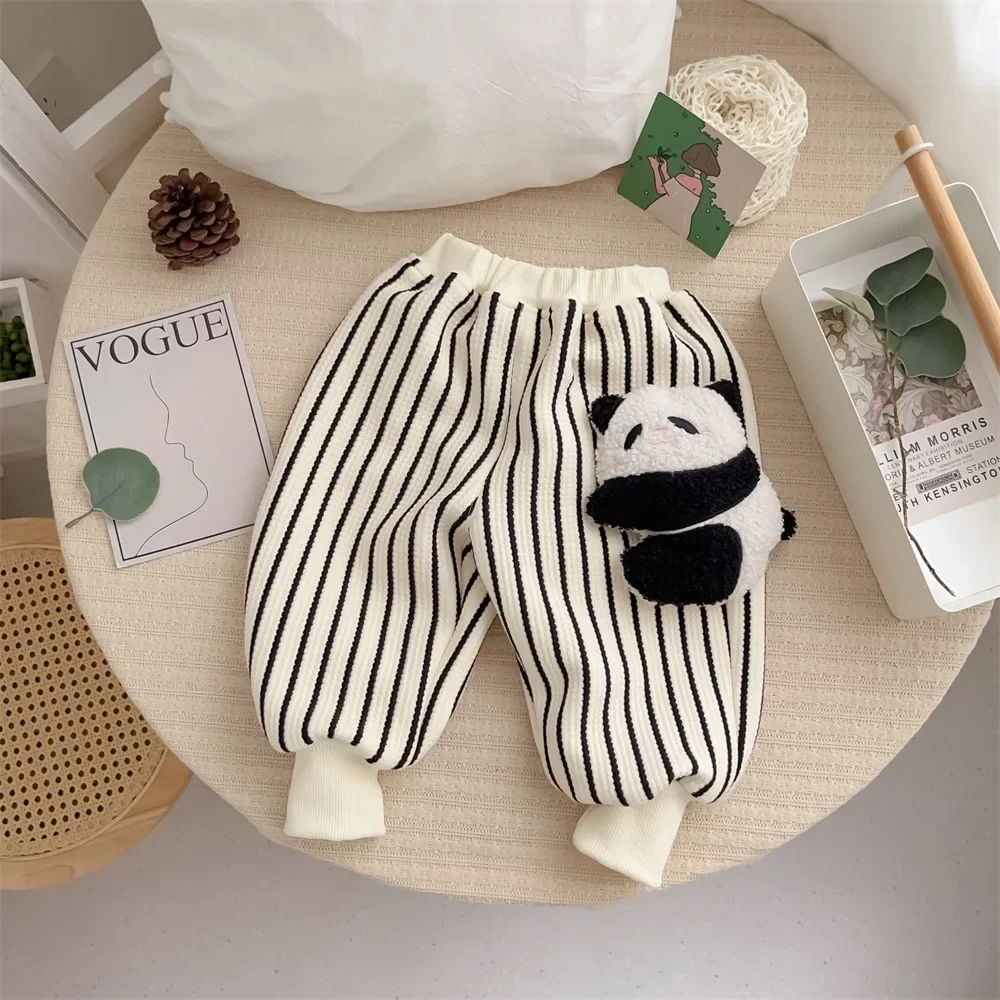 Winter Kids Baby Boys Girls Striped 3D Cartoon Animals Harem Pants - Toddler Thicken Plush Warm Outwear , Infant Cute Trousers