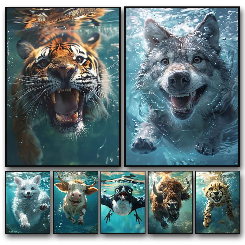 Funny Wildlife Wolf Giraffe Lion Tiger Crocodile Diving Portrait Art Poster Animal Canvas Paintings Wall Art Pictures Home De