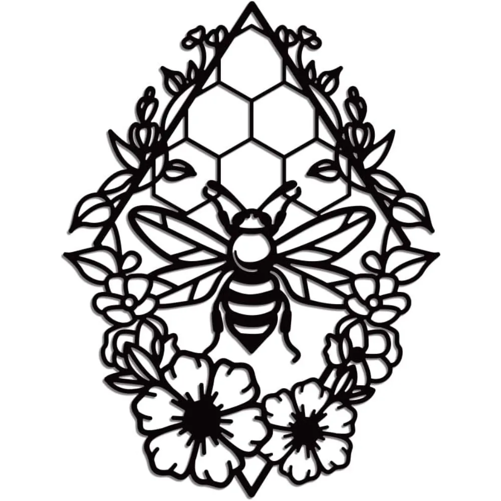 CIFbuyPremium Metal Bee With Flowers Metal Wall Art Rustproof Weatherproof 2D Flat Decor Indoor Outdoor Home Decor 8.9x11.8 Inch