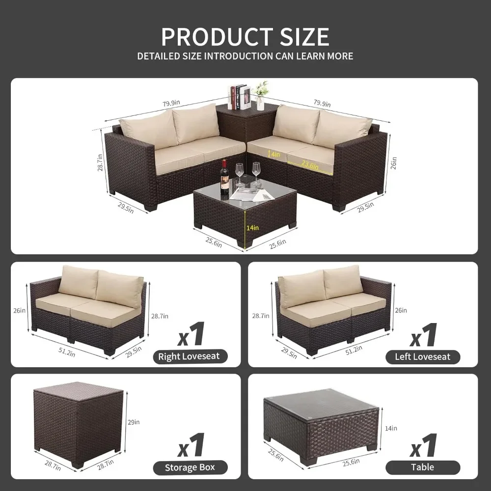 Outdoor Patio Furniture Set 4 Piece Brown Rattan Sectional Sofa Couch PE Wicker Conversation Sets with Storage Box Glass