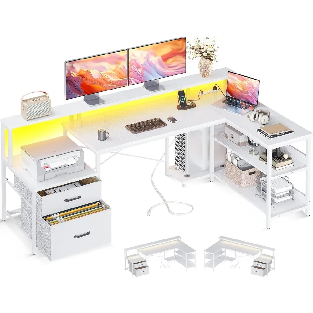 L-shaped desk with file drawer, 75 inch reversible computer desk, corner gaming table with socket, LED strip, monitor stand