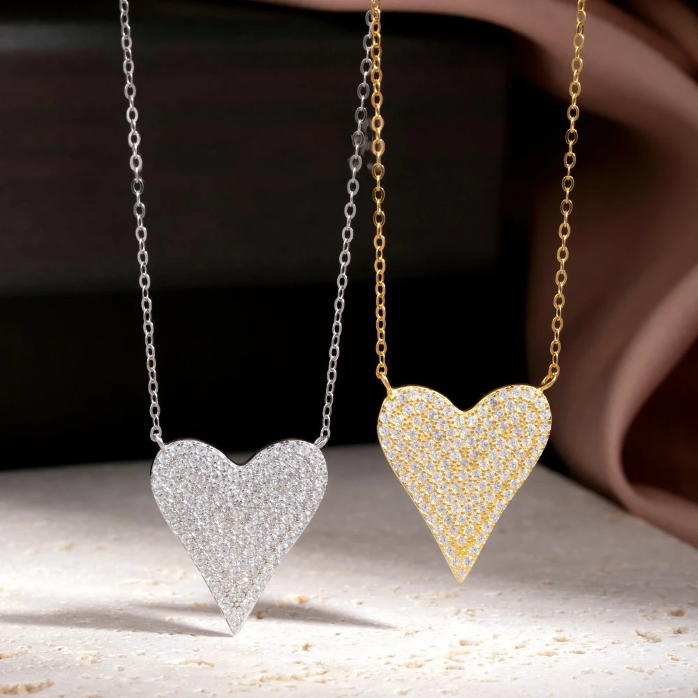 

Real S925 Silver Necklace Women Heart Pendant Collar Chain Female Shiny 5A Zircon Luxury Jewelry Gift Gift Lady Party Banquet