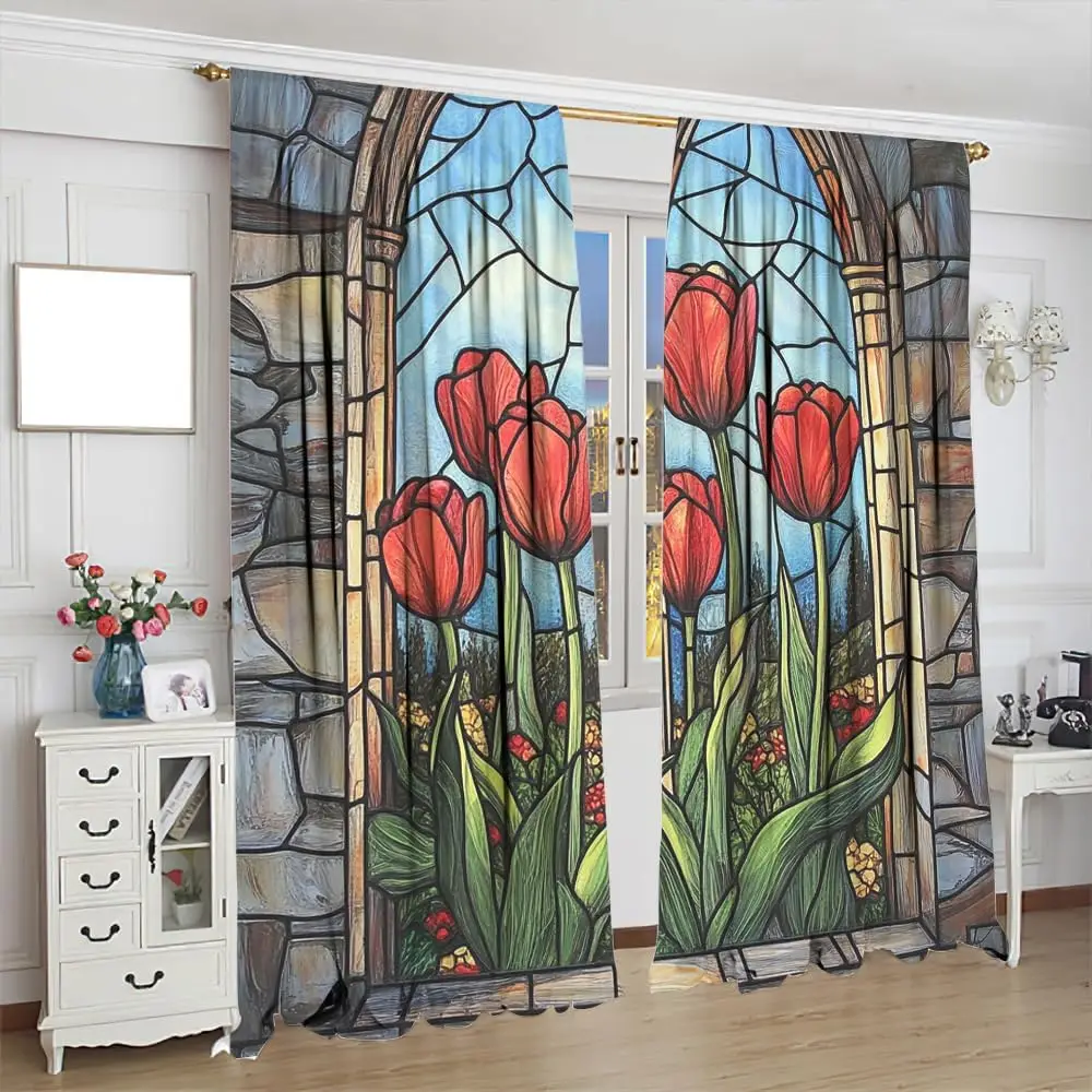 Country Spring Tulips Room Darkening Rod Pocket Curtain Vintage Floral Bouquet Window Treatment Thermal Insulated Drapes for