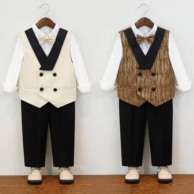 

2026 Boys Suit Set Stylish British Style Flower Child Birthday Outfits White Formal Kids School Host Piano Performances Costume