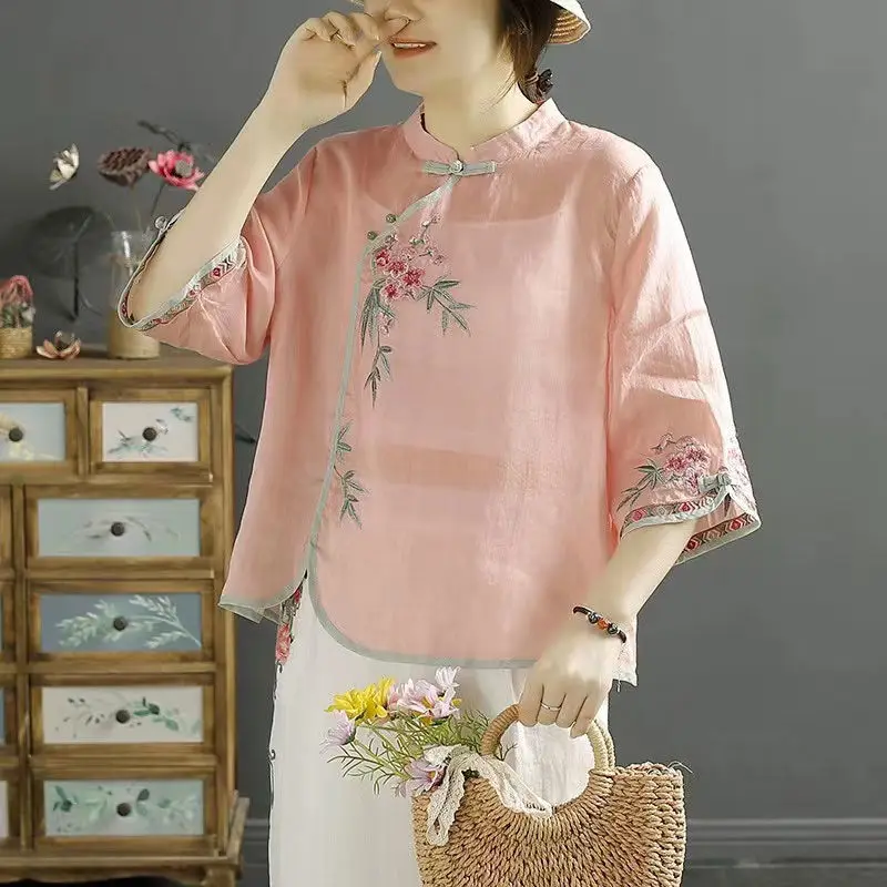 New Women Chinese Style Vintage Embroidery Blouses Stand Collar Irregular Loose Thin Shirts Elegant Cotton Linen 3/4 Sleeve Tops