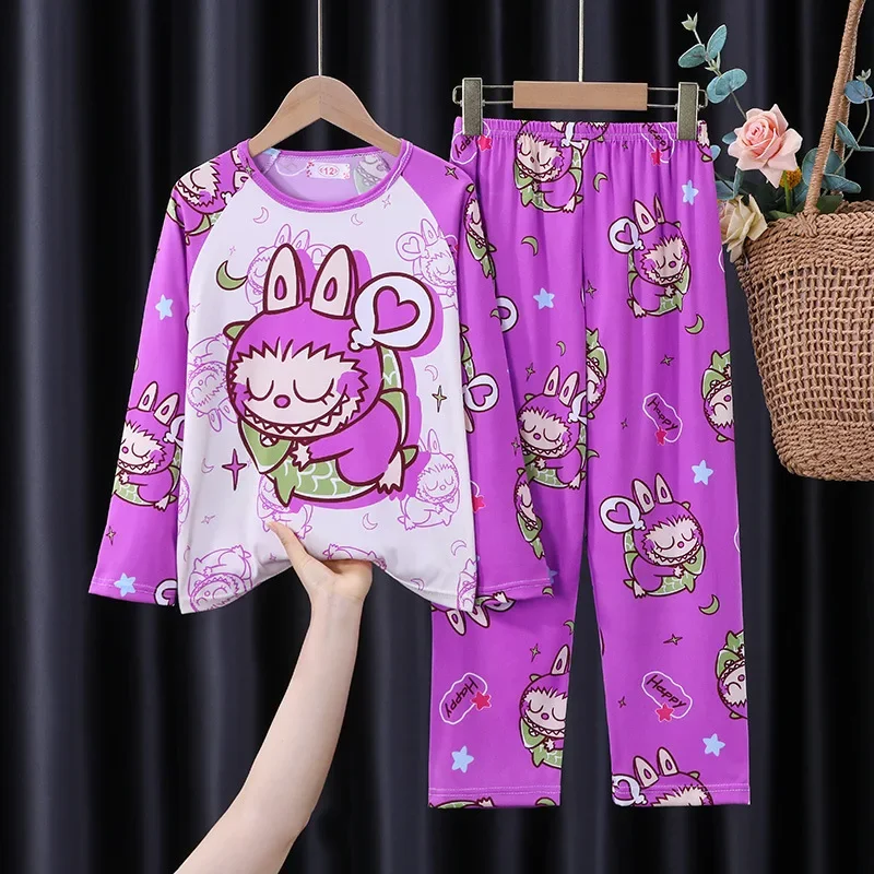 

2025 Boys Girls Cute Cartoon Labubu Pajamas Long Sleeve O-neck Sleepwear Kids Spring Casual Loose Homewear Clothing Sets Pyjamas