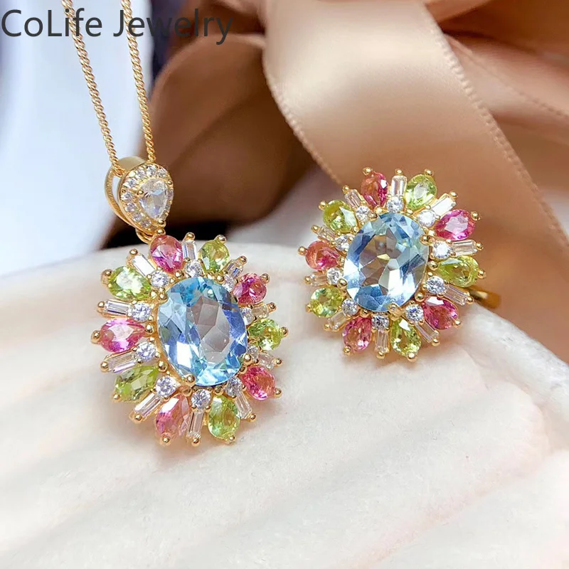 

925 Silver Multi-color Natural Gemstone Ring and Earrings Jewelry Set 8*10mm 3ct Topaz with Real Peridot Tourmaline Side Stones