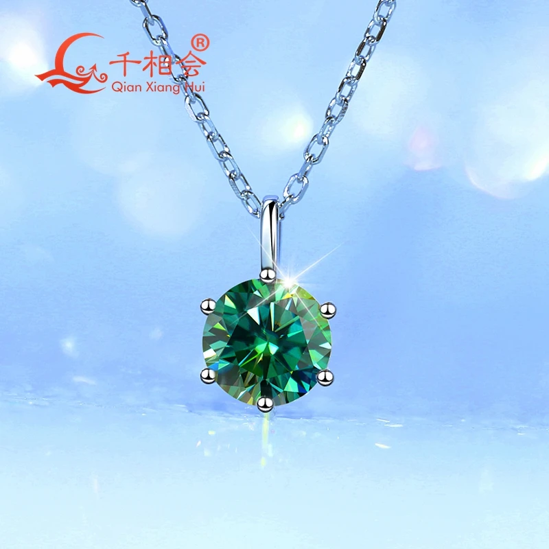 

green blue moissanite pendant 6.5mm 1ct round 4 or 6 claws 925 Sterling Silver Jewelry women necklace Engagement datting gift