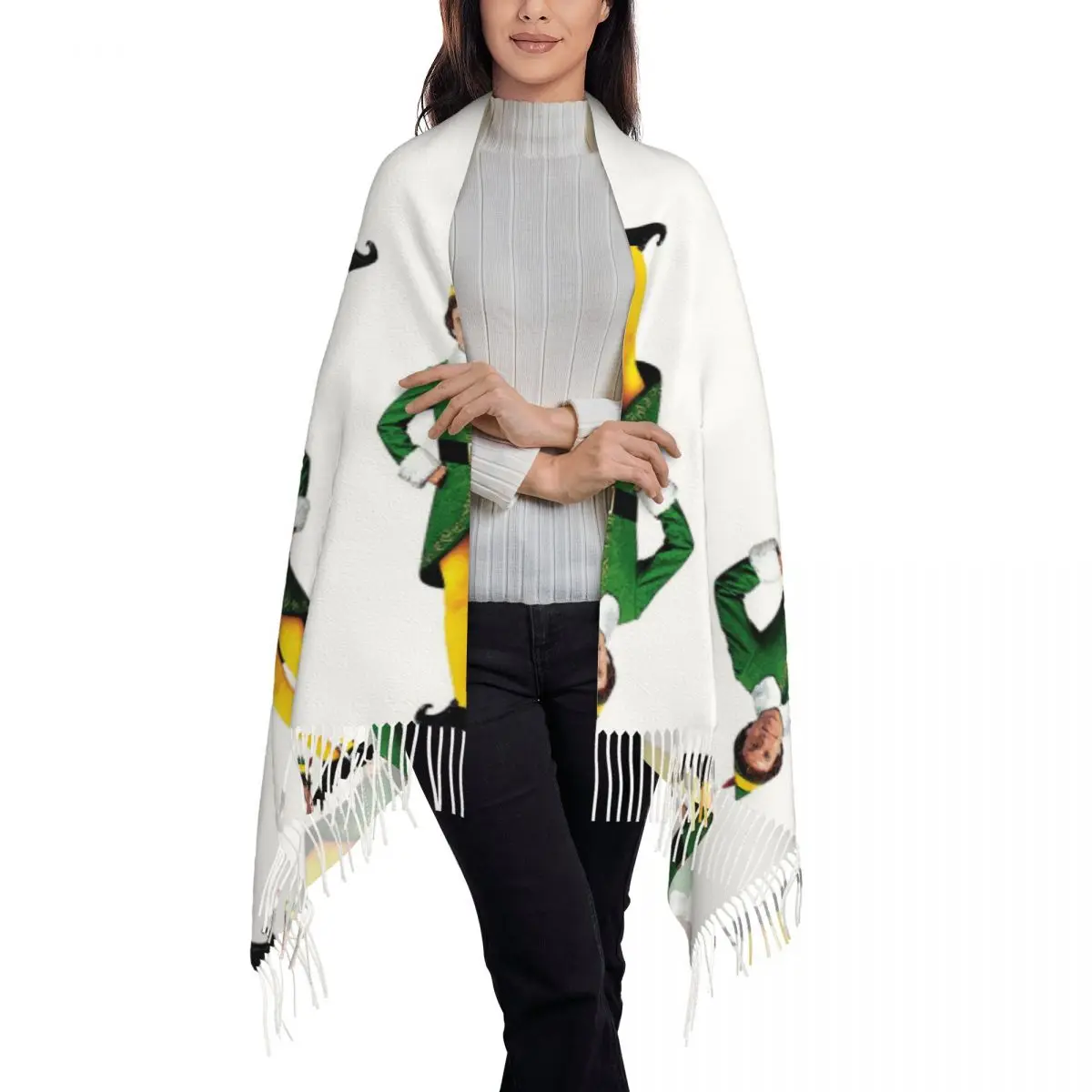 Buddy The Elf Ugly Christmas Sweater Movie Will Ferrell Scarf Tassel for Women Soft Warm Shawls and Large Fall Winter Shawl Wrap