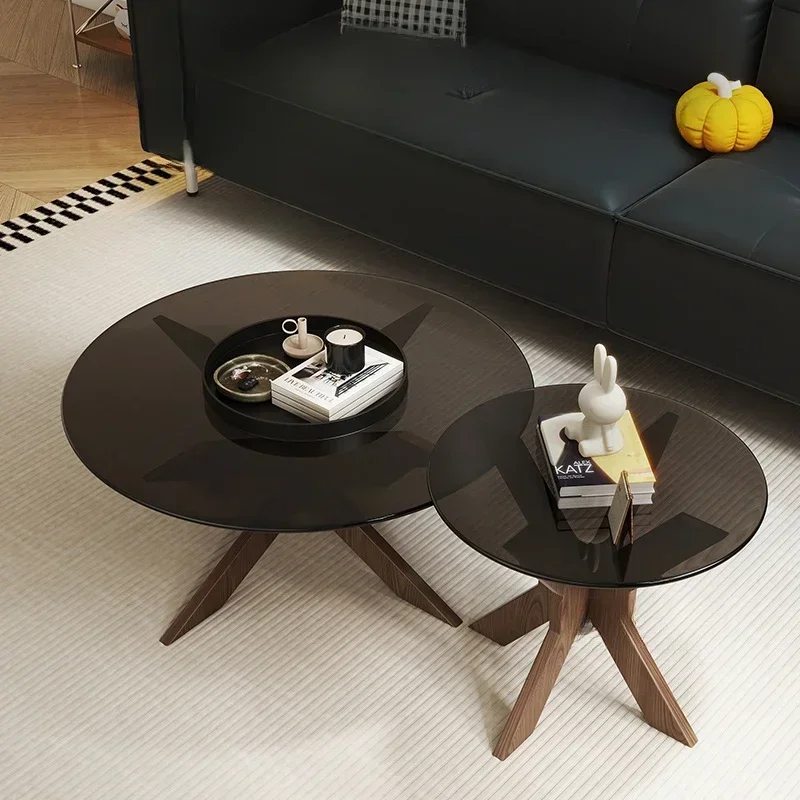 Round Modern Design Side Table Black Glass Simple Center Wood Coffee Table Lateral Apartamento Tavolino Da Salotto Furniture