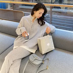 Women Autumn Sweater Suits Pullover With Knitted Wide Leg Pants Two Piece Sets Tracksuits Ladies Outfits Winter Clothes