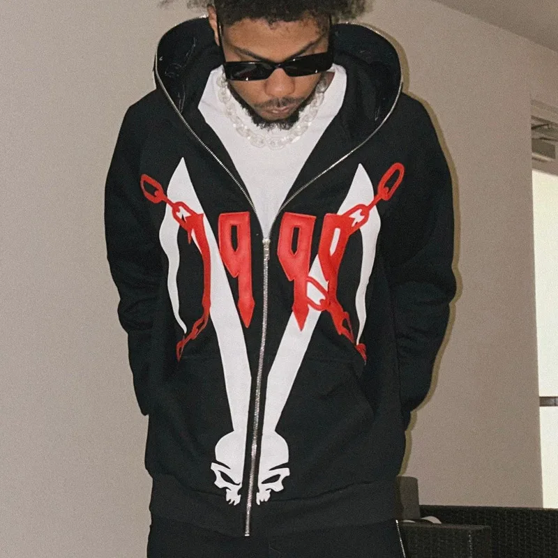 Gothic Hoodie Foam Printing Loose Men And Women Zipper Sports Sweater Spring And Autumn Black Fashion Sports Street.