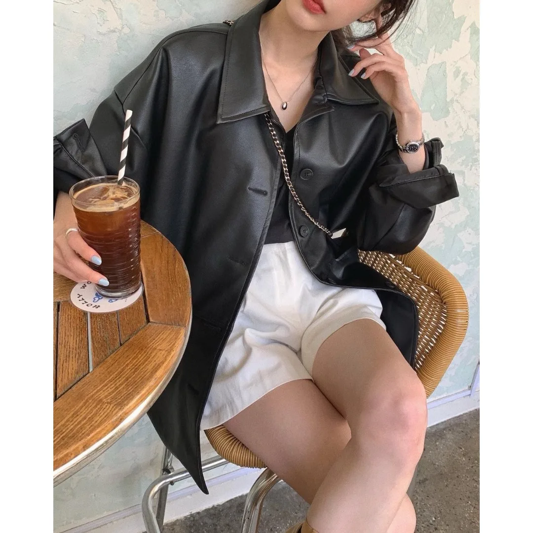 ملابس خارجية كاجوال فضفاضة طويلة من جلد البولي يوريثان Sve للسيدات أنيقة صيفية بياقة واقفة وزر واحد قابلة للتنفس لجميع المواسم