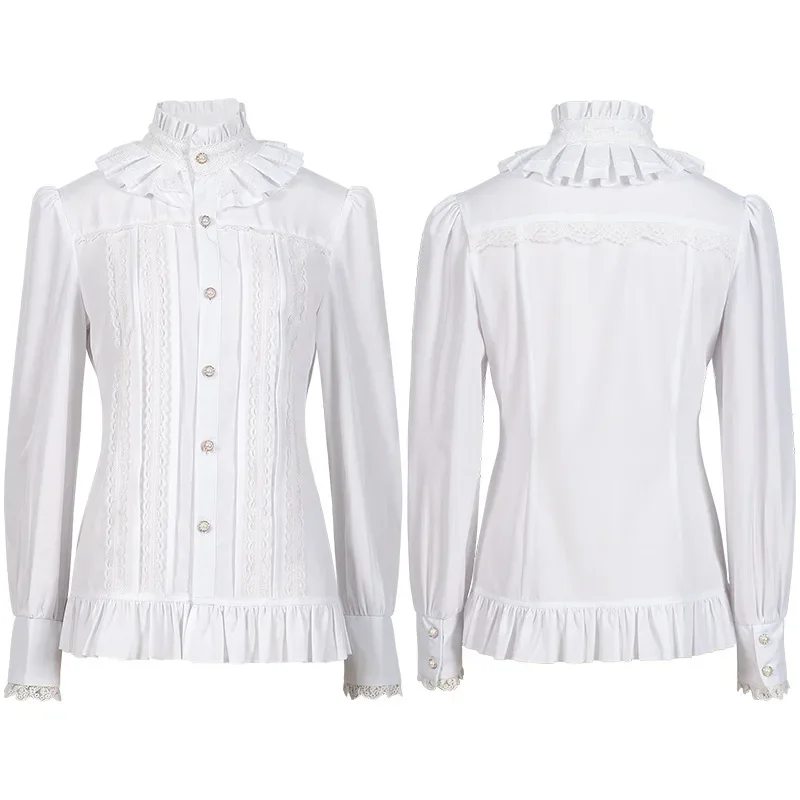 

Women Ruffled Medieval long sleeve stand collar lace OL Blouse lolita Pirate Shirts Party Royal Gothic Costume Tuxedo Shirt