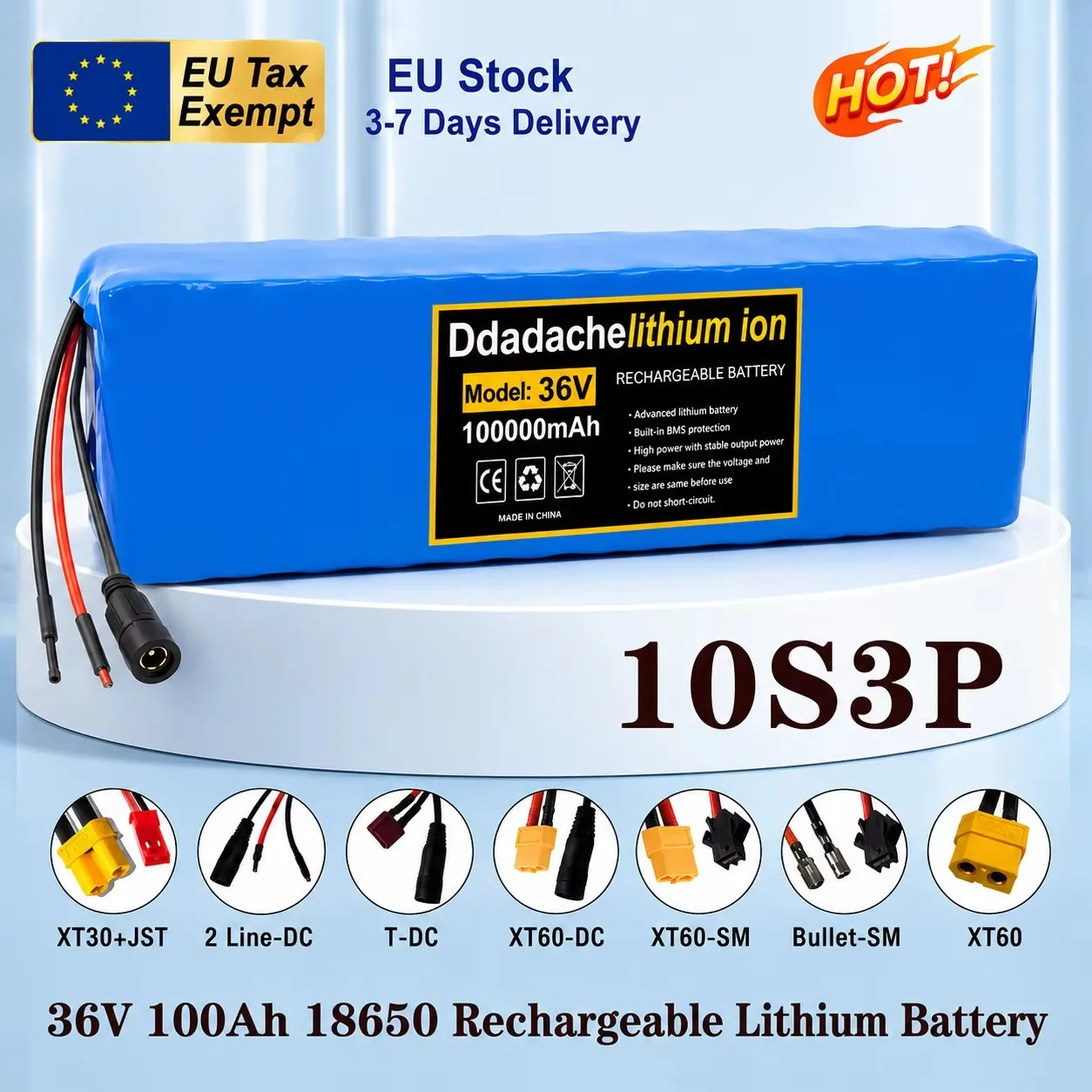 36V 100Ah 10S3P 18650 Wiederaufladbarer Lithium-Ionen-Akku, eingebautes BMS, 1000W Leistungsmotor bietet starke Leistung für Elektroroller.
