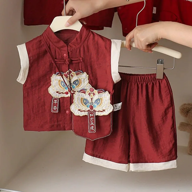 3Piece Summer Newborn Boy Clothes Chinese Style New Year Embroidery Sleeveless Cotton Tops+Shorts+Bag Baby Clothing Sets B364