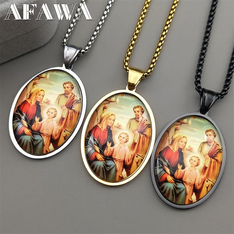 

Virgin Mary St.Joseph Jesus Glass Medal Pendant Necklace for Women Men Stainless Steel Gold Color Catholic Amulet Chain Jewelry
