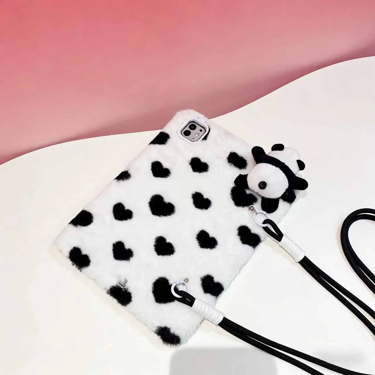 Cute 3D Panda Plush Furry with Crossbody Lanyard Tablet Case for iPad Mini 6 7 8.3in Air1 Air2 5 6 Pro 9.7in 2017-2018 Cover