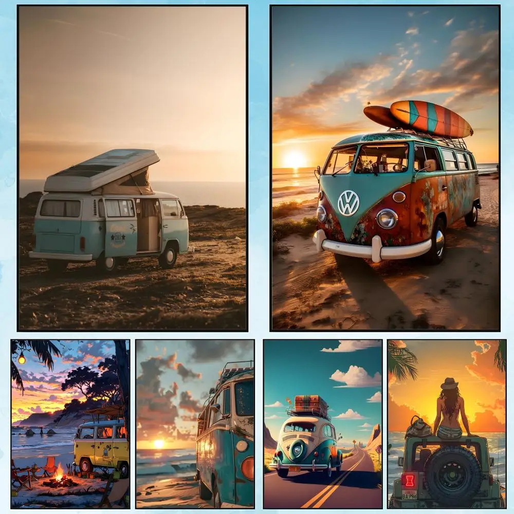 (2D Canvas Painting)  Combi Van Surf Painting Calligraphy Canvas Poster: Crease Free Waterproof Durable All Space Wall Decor