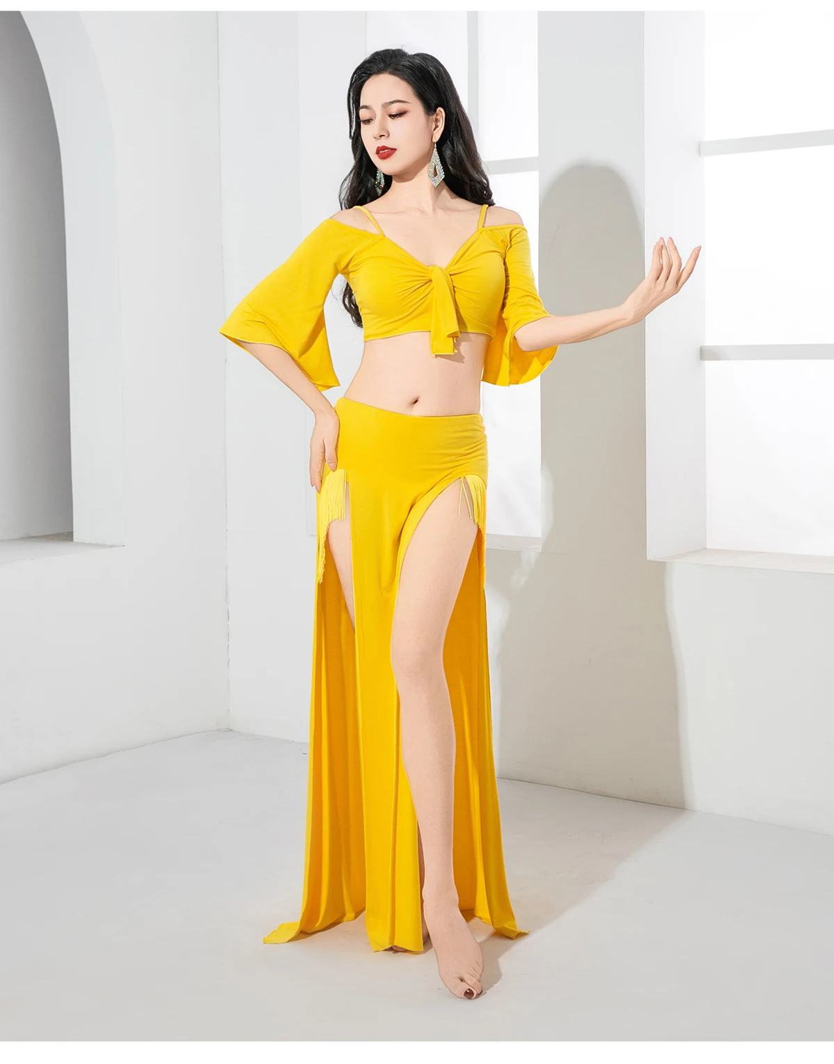 New Belly Dancing Practice Costumes Women's Sexy V-neck Top+Tassel Split Long Skirt Suit Oriental Dance Performance Clothing