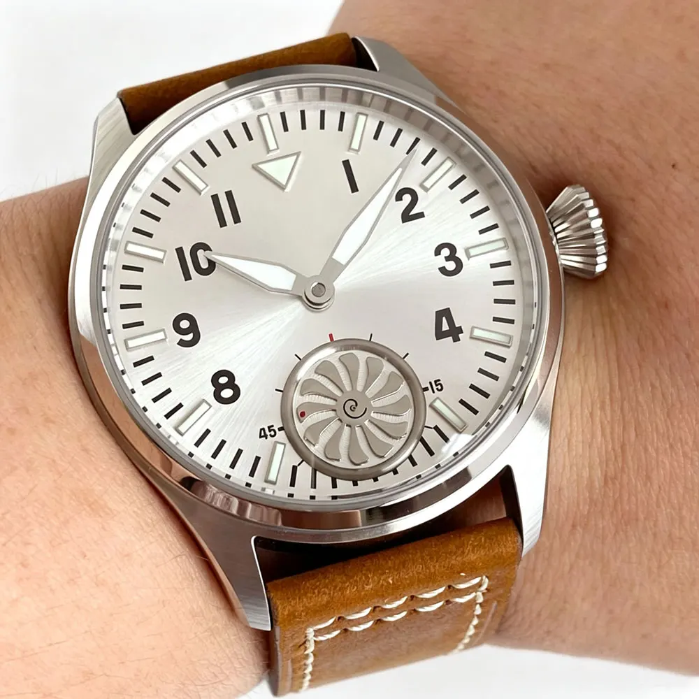 Tandorio 42mm Vintage Schwarz-Silber Zifferblatt 6498 Mechanische Handaufzugsuhr für Herren Saphirglas Pilotenuhr Lederband mit Drück- und Zugkrone
