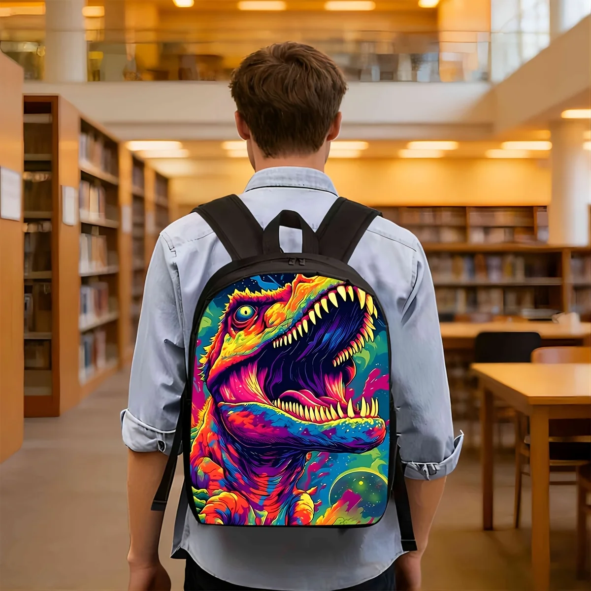 

A S-shaped dinosaur print backpack, suitable for boys, lightweight and equipped with adjustable shoulder straps, teen school bag