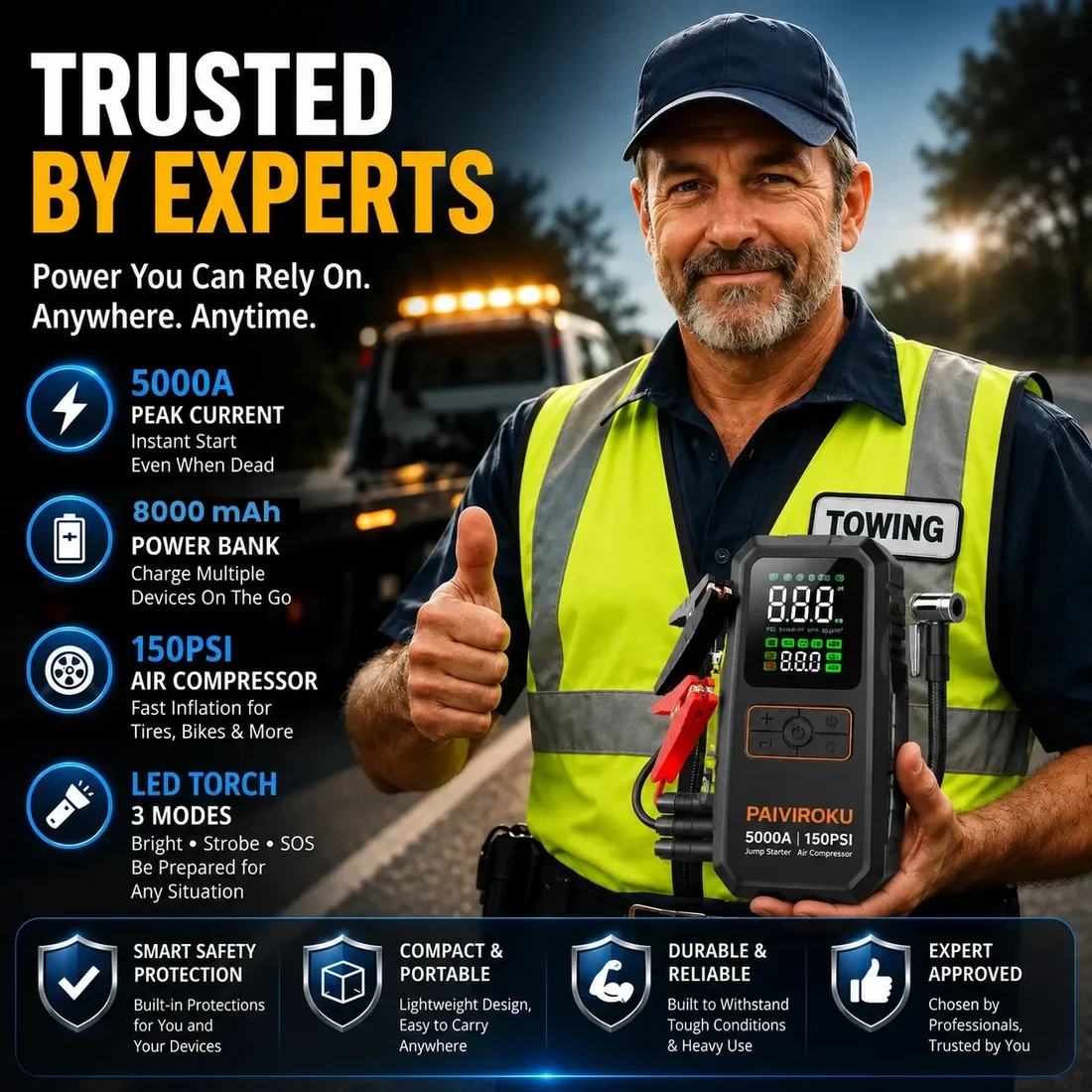 בוסטר התנעה PAIVIROKU 4 ב-1 עם משאבת אוויר 150PSI, תמונה 7