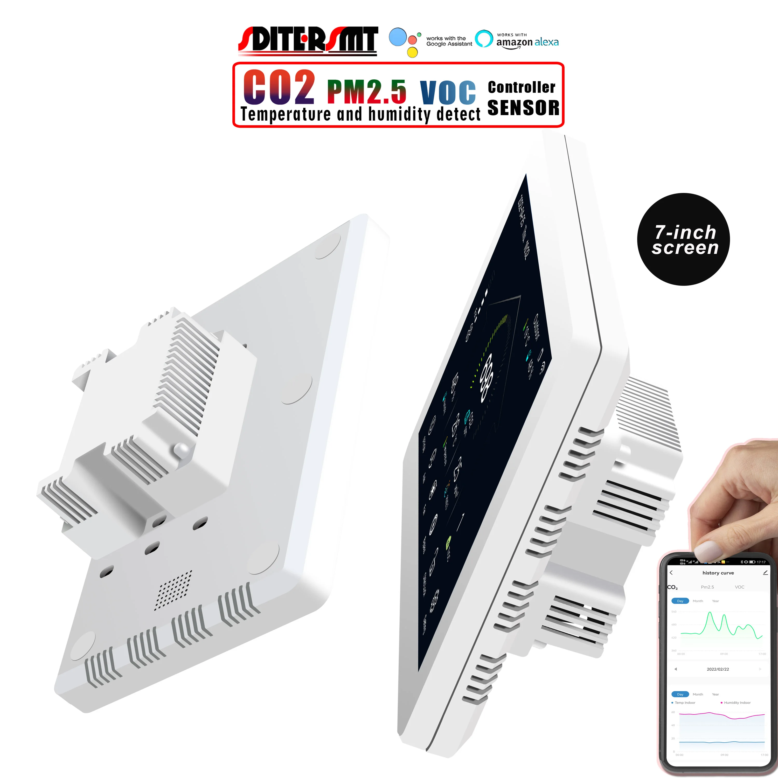Panel controlador CO2 NDIR PM2.5 VOC de 7 pulgadas para sistema de ventilación de aire AC/EC 0-10V interruptor de ventilador Monitor de temperatura y humedad