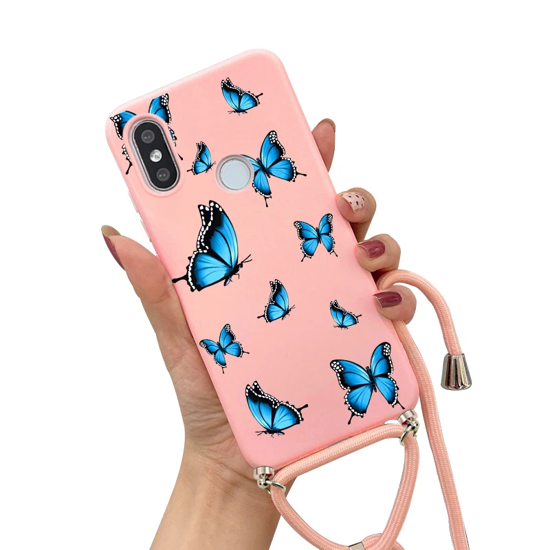 case for Xiaomi Redmi Note 8 9 10 7 Pro 9S 9A 9C 8T 10C 10A 12C Strap Cord Chain Necklace Butterfly Flower Love heart Phone Case