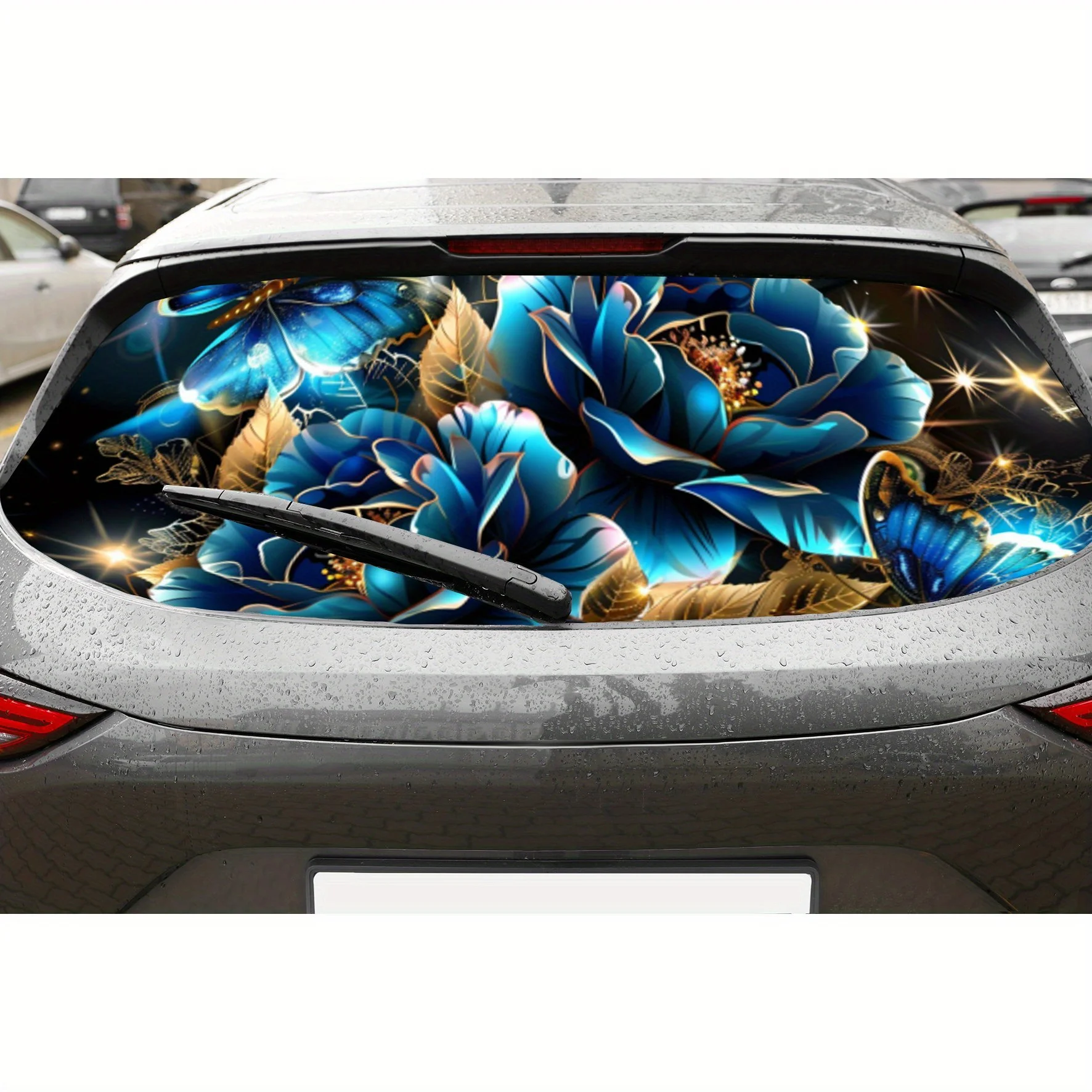 

Перфорированные автомобильные виниловые обертывания из ПВХ с блестящими синими цветами и бабочками, улучшающий конфиденциальность дизайн для заднего окна, заднее лобовое стекло автомобиля